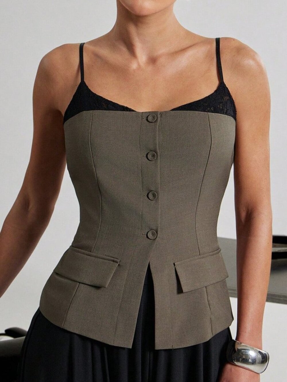 Brown Sleek Women's Corset Top With Spaghetti Strap Peekaboo Lace Details